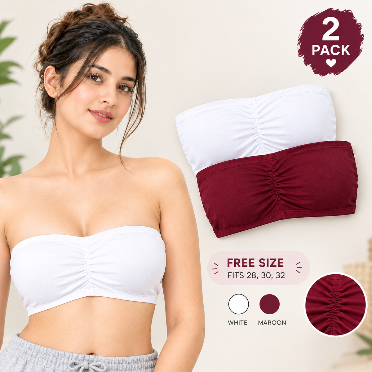 2-Pack Tube Bra White and Maroon - Free Size fits 28 30 32