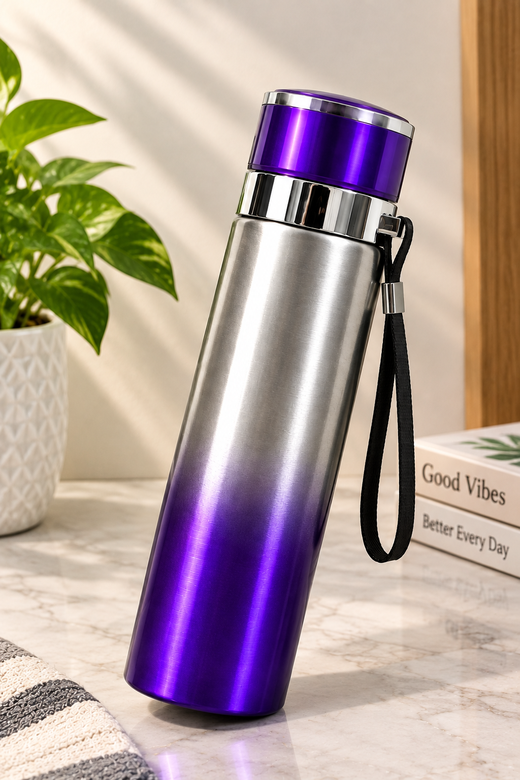 Purple gradient stainless steel water bottle with wrist strap